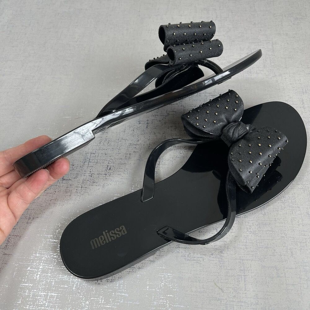 Melissa Women Harmonic Jelly Sandal 8 Black Studded Bow Flip Flop Beach - Picture 8 of 11
